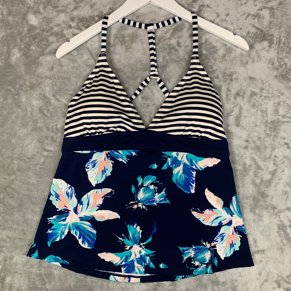 Carve Designs Dahlia Tankini Swim Top Navy Floral Stripe Womens L Strappy T-Back